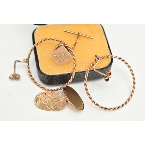 52 - A PAIR OF 9CT GOLD HOOP EARRINGS A SINGLE CUFFLINK AND A BUTTON HOOK, rope twist hoops with post and... 