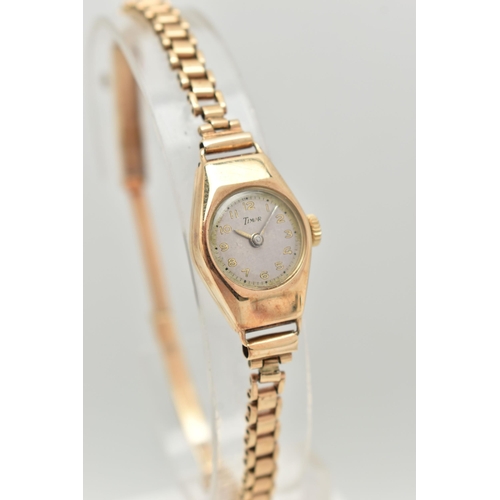 8 - A 9CT GOLD LADIES WRISTWATCH hand wound movement, round dial signed 'Timor', Arabic numerals, yellow... 