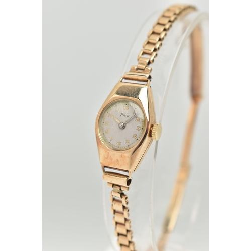 8 - A 9CT GOLD LADIES WRISTWATCH hand wound movement, round dial signed 'Timor', Arabic numerals, yellow... 