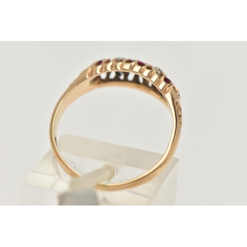 101 - AN 18CT GOLD GEM SET BOAT RING, set with three circular cut rubies, interspaced with two circular cu... 