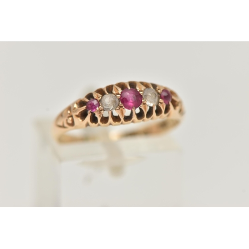 101 - AN 18CT GOLD GEM SET BOAT RING, set with three circular cut rubies, interspaced with two circular cu... 