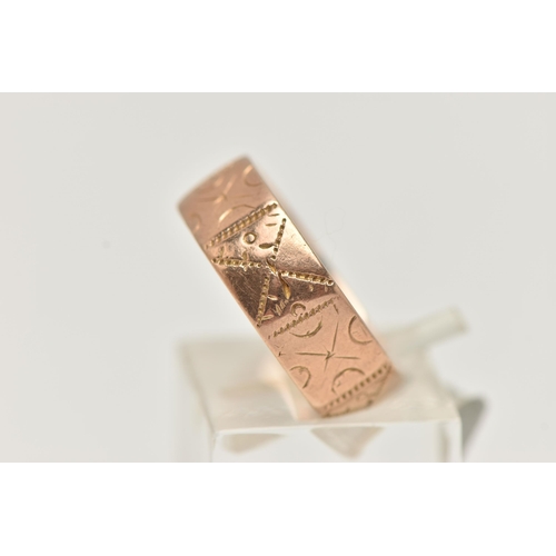 102 - A LATE VICTORIAN, 9CT ROSE GOLD TEXTURED WIDE BAND, approximate band width 6.4mm, engraved textured ... 