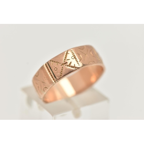 102 - A LATE VICTORIAN, 9CT ROSE GOLD TEXTURED WIDE BAND, approximate band width 6.4mm, engraved textured ... 