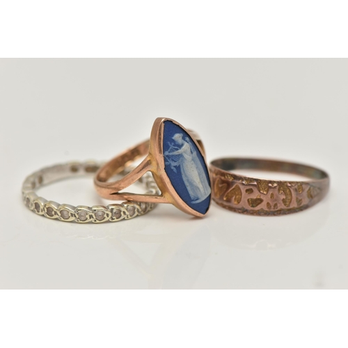 103 - THREE RINGS, to include a 9ct rose gold wedgwood cameo ring, of a marquise form, bifurcated shoulder... 