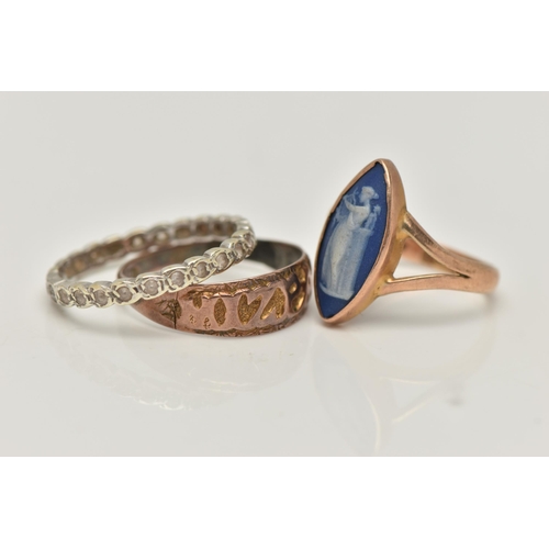 103 - THREE RINGS, to include a 9ct rose gold wedgwood cameo ring, of a marquise form, bifurcated shoulder... 