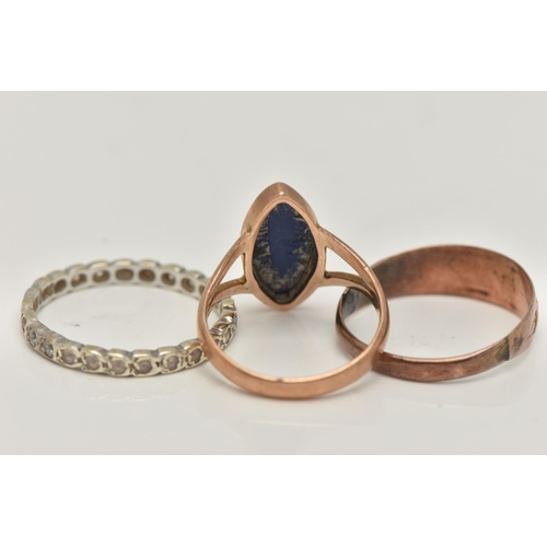 103 - THREE RINGS, to include a 9ct rose gold wedgwood cameo ring, of a marquise form, bifurcated shoulder... 