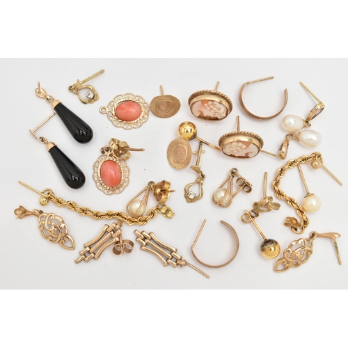 104 - A SMALL BAG OF ASSORTED YELLOW METAL EARRINGS, to include a pair of 9ct gold cameo stud earrings, po... 