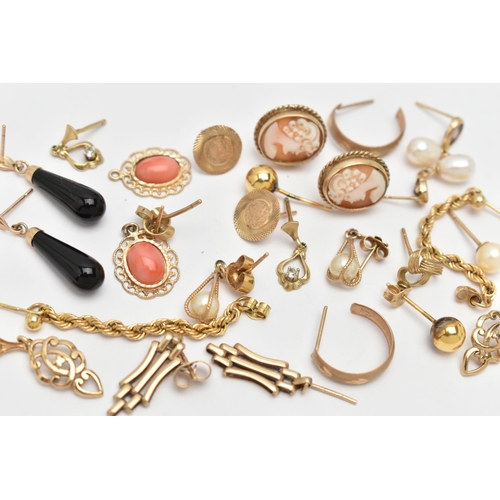 104 - A SMALL BAG OF ASSORTED YELLOW METAL EARRINGS, to include a pair of 9ct gold cameo stud earrings, po... 