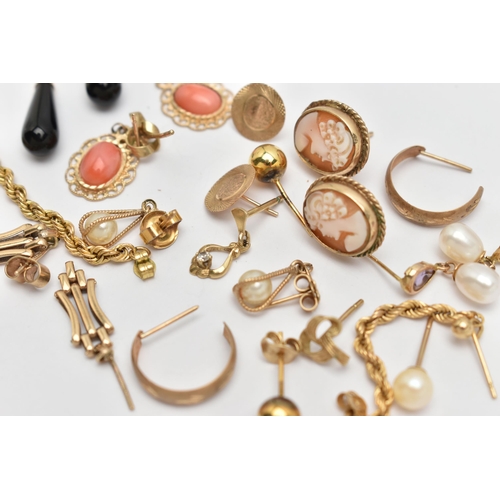 104 - A SMALL BAG OF ASSORTED YELLOW METAL EARRINGS, to include a pair of 9ct gold cameo stud earrings, po... 