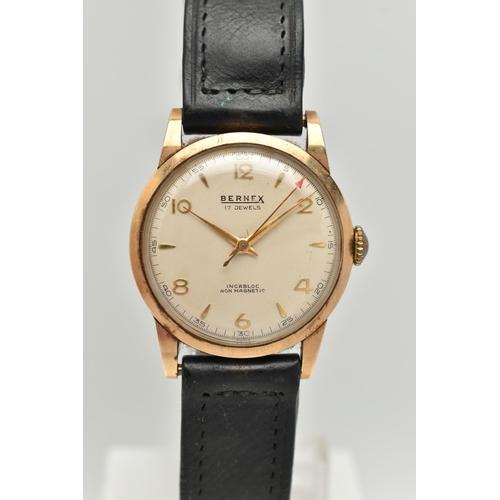 105 - A GENTS 9CT GOLD 'BERNEX' WRISTWATCH, manual wind, requires some attention, round silver dial signed... 