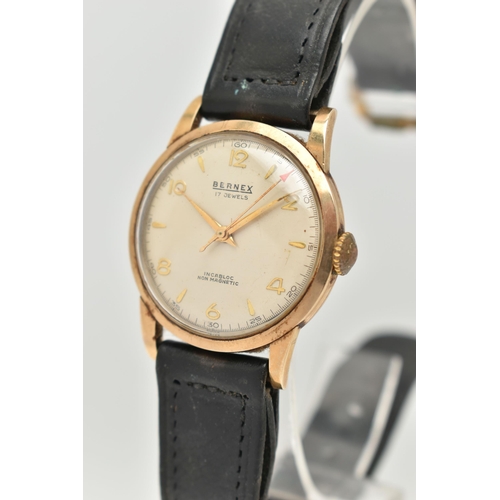 105 - A GENTS 9CT GOLD 'BERNEX' WRISTWATCH, manual wind, requires some attention, round silver dial signed... 