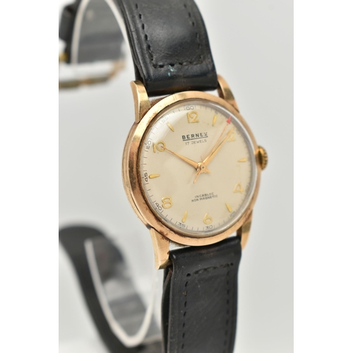 105 - A GENTS 9CT GOLD 'BERNEX' WRISTWATCH, manual wind, requires some attention, round silver dial signed... 