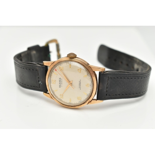 105 - A GENTS 9CT GOLD 'BERNEX' WRISTWATCH, manual wind, requires some attention, round silver dial signed... 