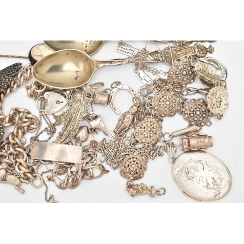 109 - A BAG OF ASSORTED SILVER AND WHITE METAL JEWELLERY AND ITEMS, to include two silver teaspoons, each ... 