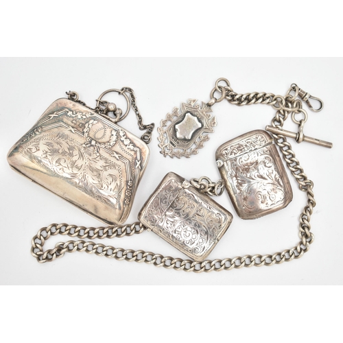 110 - TWO SILVER VESTA CASES, A COIN PURSE AND AN ALBERT CHAIN, two rectangular vesta cases both with foli... 