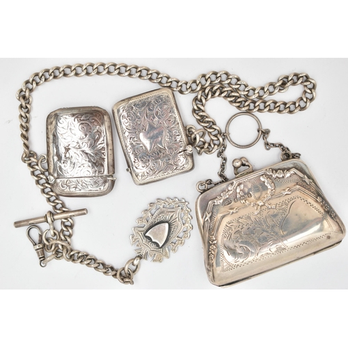 110 - TWO SILVER VESTA CASES, A COIN PURSE AND AN ALBERT CHAIN, two rectangular vesta cases both with foli... 