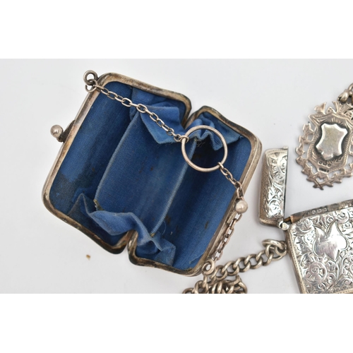 110 - TWO SILVER VESTA CASES, A COIN PURSE AND AN ALBERT CHAIN, two rectangular vesta cases both with foli... 