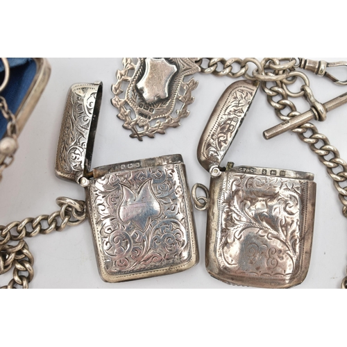 110 - TWO SILVER VESTA CASES, A COIN PURSE AND AN ALBERT CHAIN, two rectangular vesta cases both with foli... 