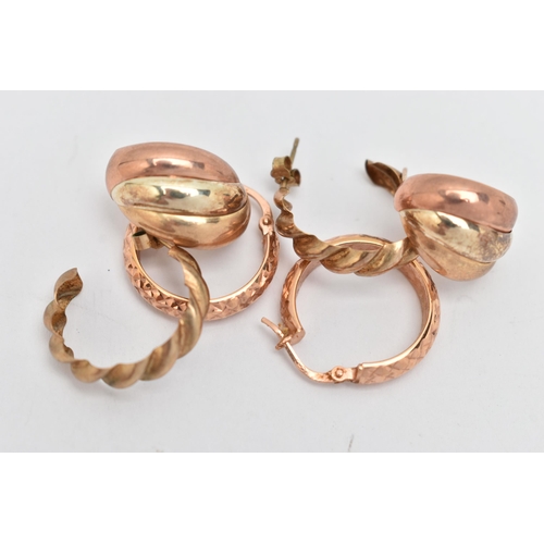 111 - THREE PAIRS OF HOOP EARRINGS, a pair of rose metal earrings with lever fittings, stamped 375, a pair... 