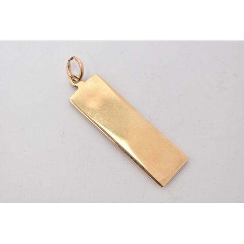 114 - A 9CT GOLD INGOT PENDANT, a rectangular form pendant with decorative hallmarks, approximate length 4... 