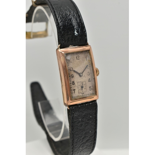 128 - A GENTS 9CT GOLD MID 20TH CENTURY WRISTWATCH, manual wind, rectangular worn silvered dial, Arabic nu... 