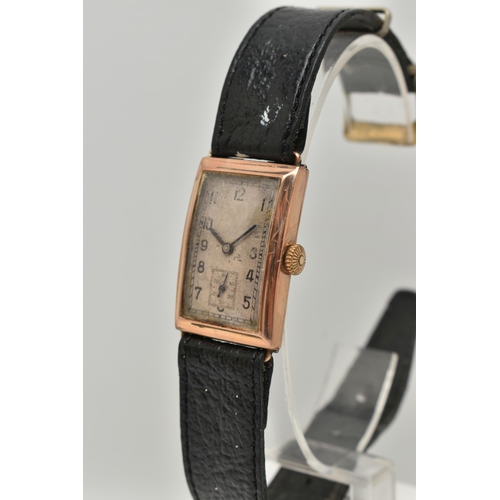 128 - A GENTS 9CT GOLD MID 20TH CENTURY WRISTWATCH, manual wind, rectangular worn silvered dial, Arabic nu... 