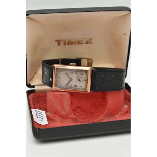 128 - A GENTS 9CT GOLD MID 20TH CENTURY WRISTWATCH, manual wind, rectangular worn silvered dial, Arabic nu... 