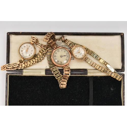 129 - THREE LADIES 9CT GOLD WRISTWATCHES, to include an early 20th century manual watch, inside case back ... 