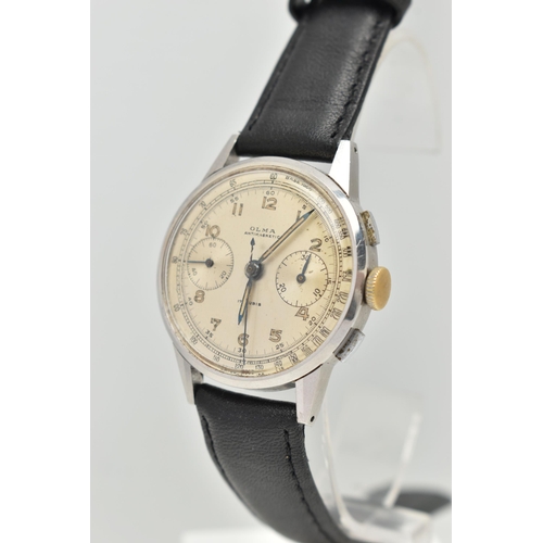 132 - A GENTS 'OLMA' WRISTWATCH, hand wound movement, round chronograph dial, signed 'Olma', Arabic numera... 