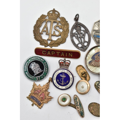 137 - A SELECTION OF MAINLY BADGES, to include a pair of silver engine turned cufflinks, with silver hallm... 