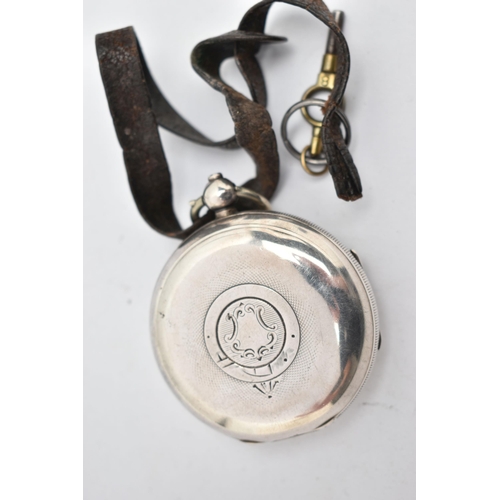 138 - AN EDWARDIAN SILVER OPEN FACE POCKET WATCH, the white face with black Roman numerals, subsidiary sec... 