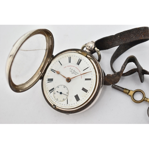 138 - AN EDWARDIAN SILVER OPEN FACE POCKET WATCH, the white face with black Roman numerals, subsidiary sec... 