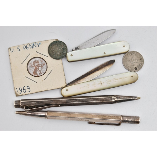 139 - A SELECTION OF ITEMS, to include two engine turned pens, one with silver hallmark, stamped WM Ltd, t... 