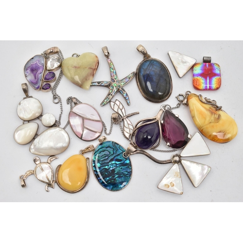 143 - ASSORTED PENDANTS, to include two large white metal and mother of pearl pendants (one AF) each stamp... 