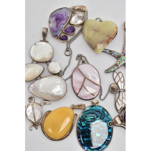 143 - ASSORTED PENDANTS, to include two large white metal and mother of pearl pendants (one AF) each stamp... 