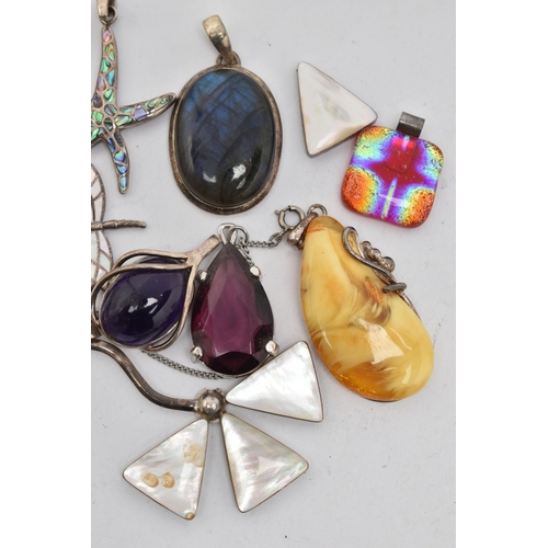 143 - ASSORTED PENDANTS, to include two large white metal and mother of pearl pendants (one AF) each stamp... 