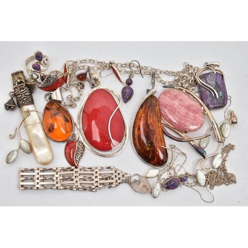 144 - SILVER AND WHITE METAL JEWELLERY, to include a red coral pendant fitted with a tapered bail, stamped... 