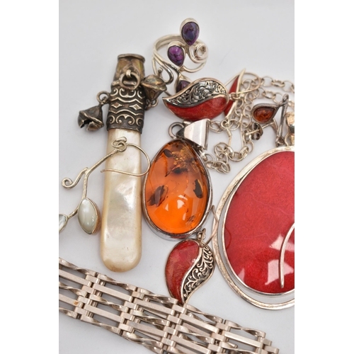 144 - SILVER AND WHITE METAL JEWELLERY, to include a red coral pendant fitted with a tapered bail, stamped... 