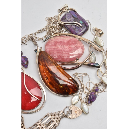 144 - SILVER AND WHITE METAL JEWELLERY, to include a red coral pendant fitted with a tapered bail, stamped... 