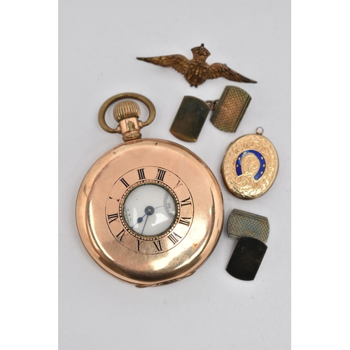 146 - A GOLD PLATED 'WALTHAM' POCKET WATCH AND OTHER ITEMS, manual wind half hunter pocket watch, round wh... 