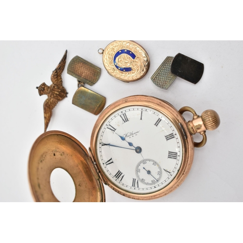 146 - A GOLD PLATED 'WALTHAM' POCKET WATCH AND OTHER ITEMS, manual wind half hunter pocket watch, round wh... 