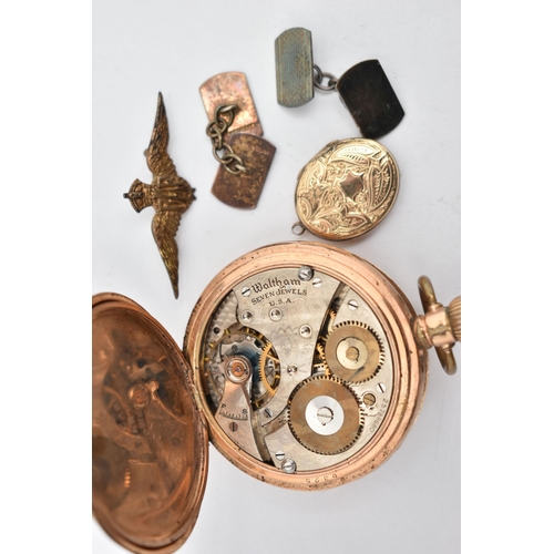 146 - A GOLD PLATED 'WALTHAM' POCKET WATCH AND OTHER ITEMS, manual wind half hunter pocket watch, round wh... 