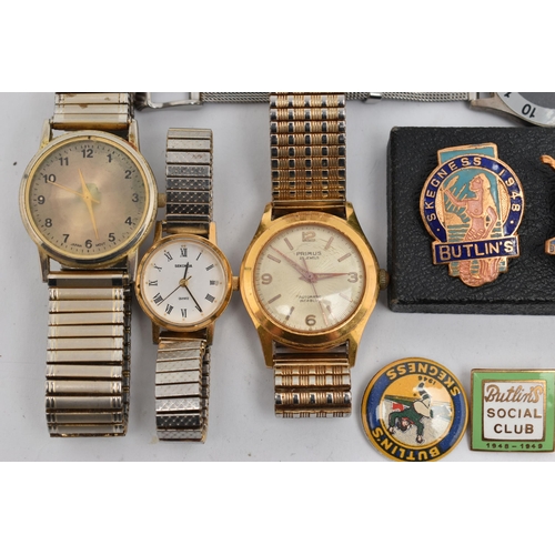 150 - A COLLECTION OF 'BUTLINS' PINS AND ASSORTED WATCHES, eight Butlins pins and badges, dated between 19... 