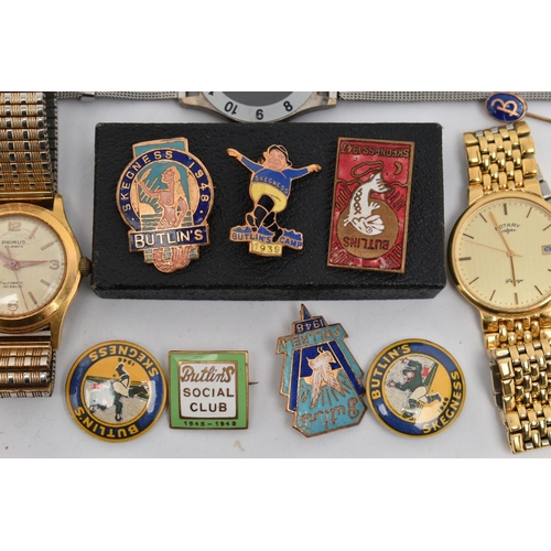 150 - A COLLECTION OF 'BUTLINS' PINS AND ASSORTED WATCHES, eight Butlins pins and badges, dated between 19... 