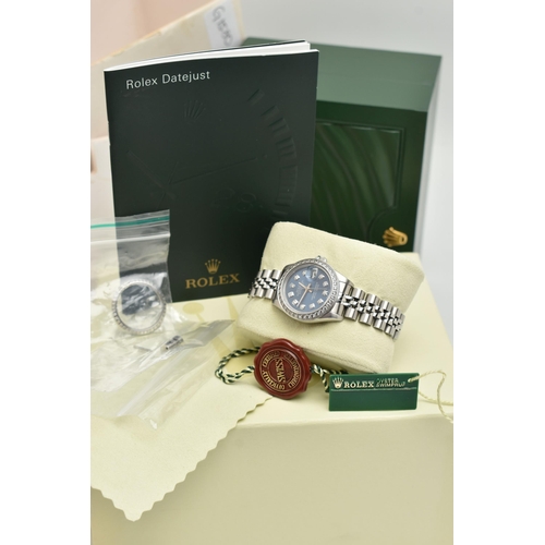 61 - A LADIES BOXED 'ROLEX OYSTER PERPETUAL DATEJUST' WRISTWATCH, manual wind, round blue dial signed 'Ro... 