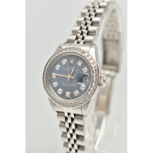 61 - A LADIES BOXED 'ROLEX OYSTER PERPETUAL DATEJUST' WRISTWATCH, manual wind, round blue dial signed 'Ro... 