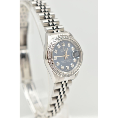 61 - A LADIES BOXED 'ROLEX OYSTER PERPETUAL DATEJUST' WRISTWATCH, manual wind, round blue dial signed 'Ro... 