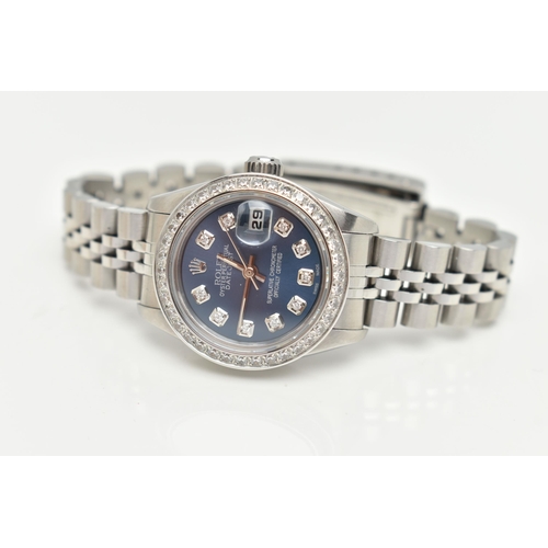 61 - A LADIES BOXED 'ROLEX OYSTER PERPETUAL DATEJUST' WRISTWATCH, manual wind, round blue dial signed 'Ro... 