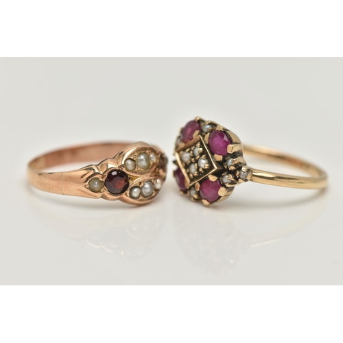 71 - TWO 9CT GOLD GEM SET RINGS, the first set with four oval shape treated rubies and split pearls, the ... 