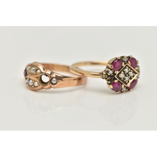 71 - TWO 9CT GOLD GEM SET RINGS, the first set with four oval shape treated rubies and split pearls, the ... 